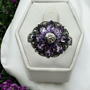 Vintage Creations Sterling Silver Marcasite Amethyst Ring size 9 Cluster Flower